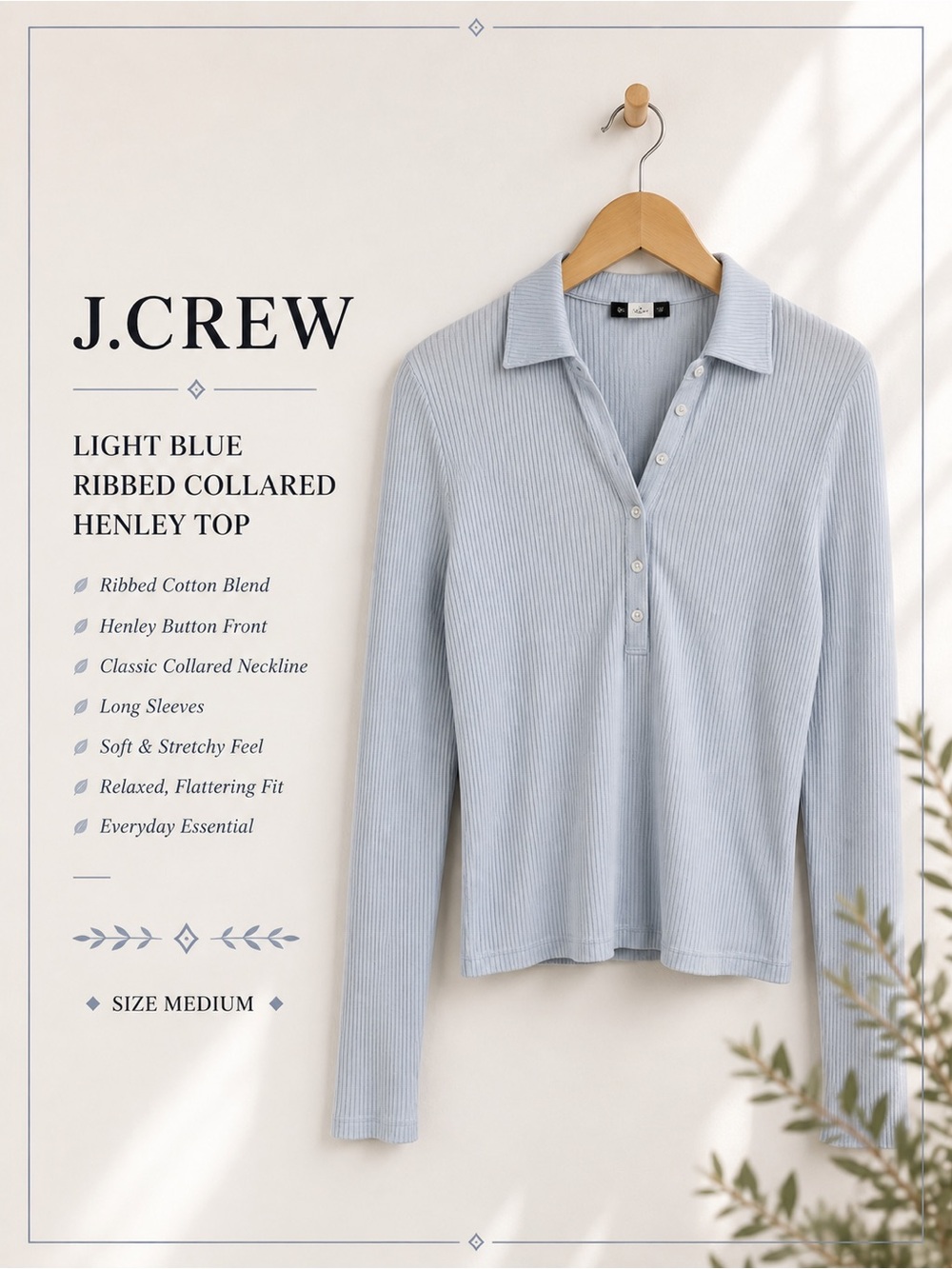 J.Crew Light Blue Ribbed Collared Henley Sweater Top Medium